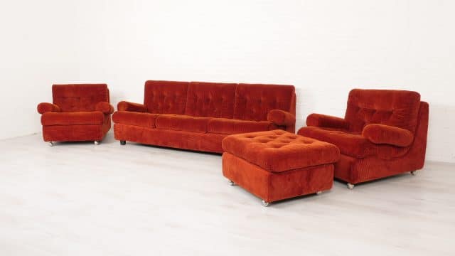 Vintage Sofa set 3 Seater Hocker 2 Armchairs Rust colour