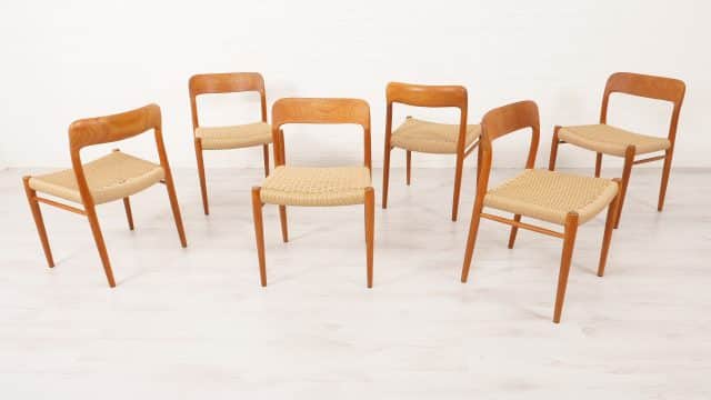Set Of 6 Vintage Dining Chairs Niels Otto Mller Model 75 Papercord Teak Restored