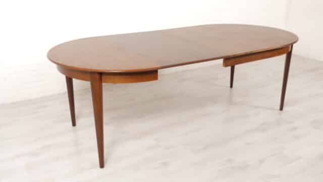 Table à manger ronde extensible vintage en bois de rose 110 à 220 cm