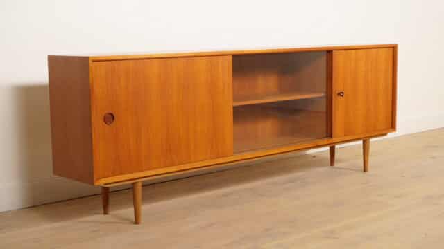 Buffet vintage Japandi Porte coulissante en verre Meuble TV 220 Cm